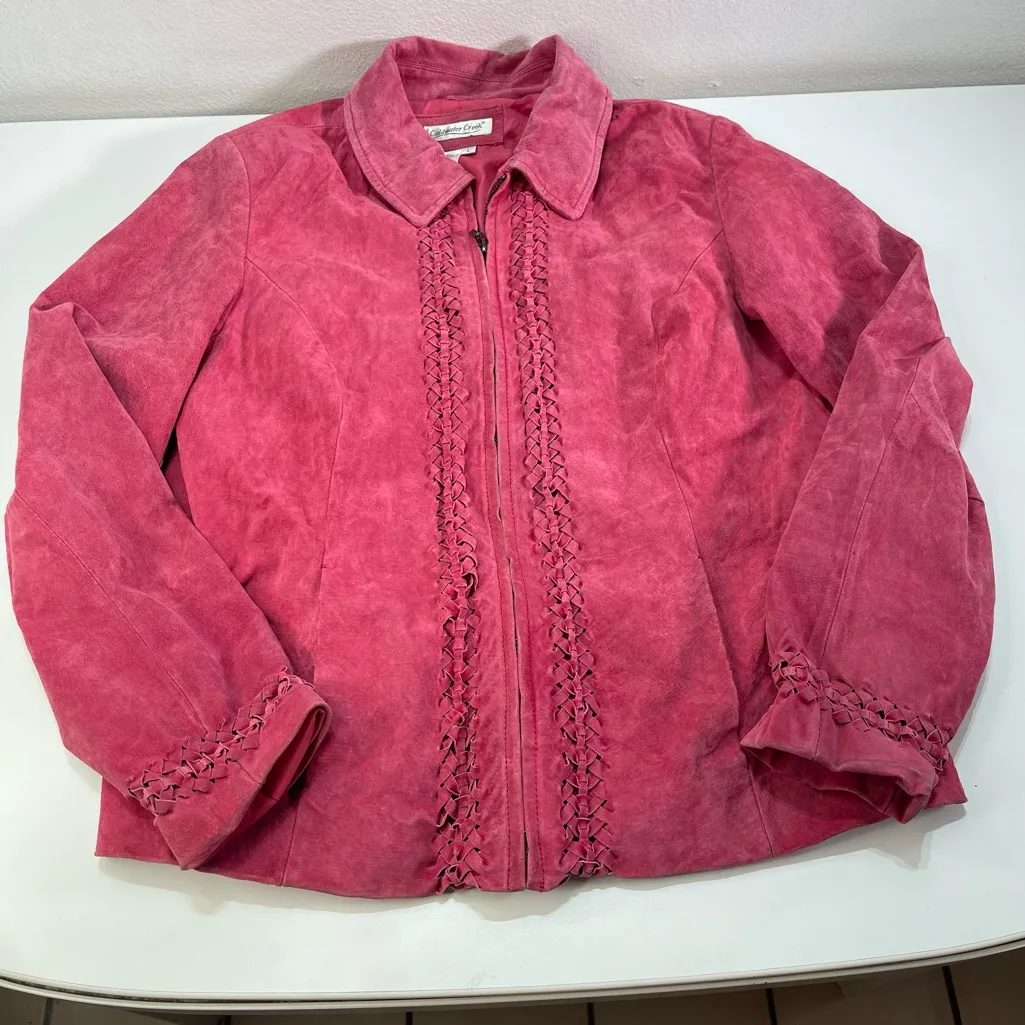 Vtg Coldwater Creek Cranberry Red Leather Suede Braided Jacket LG Whimsigoth - Image 1