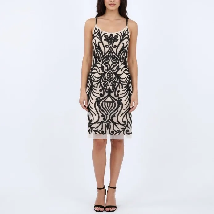 Badgley Mischka Collection Embellished Sheath Vintage Dress Black Beige Size 10 - Image 10