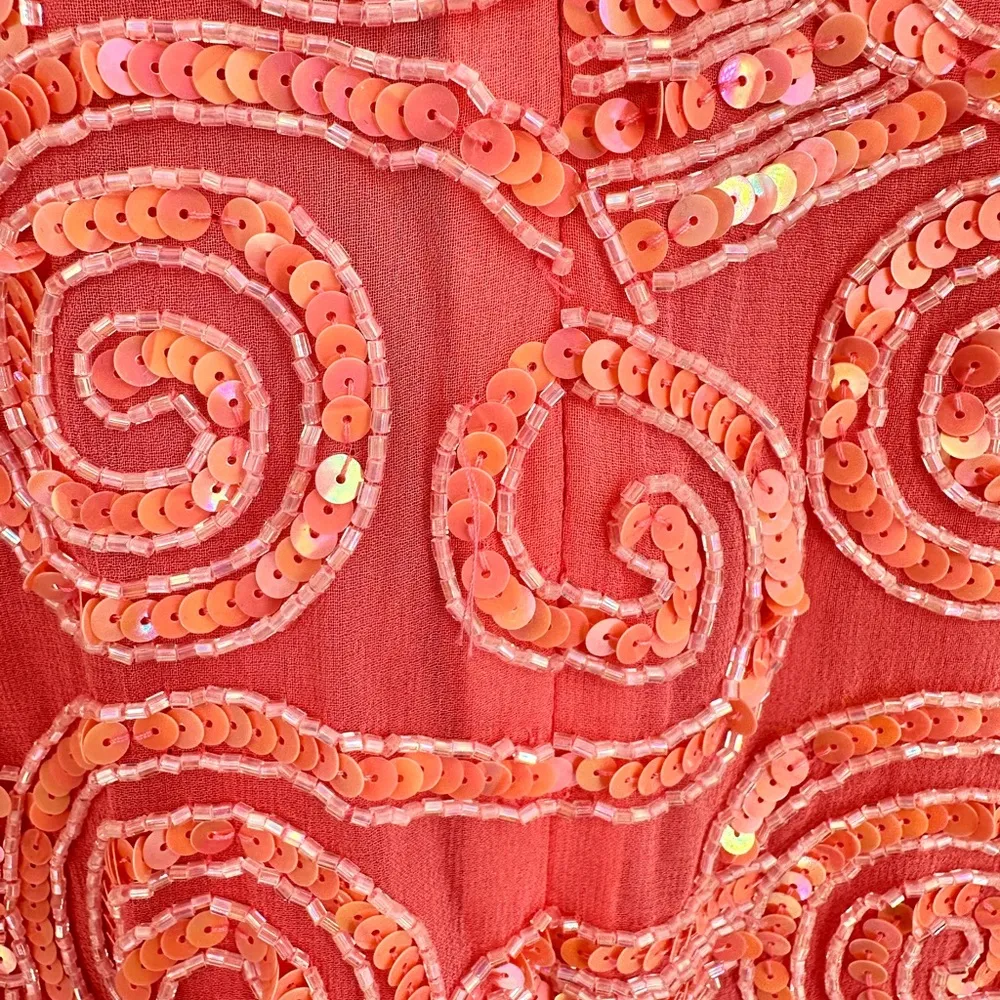 Oleg Cassini Black Tie Peachy Pink Sequin Beaded Mini Dress Embellished size 12 - Image 11