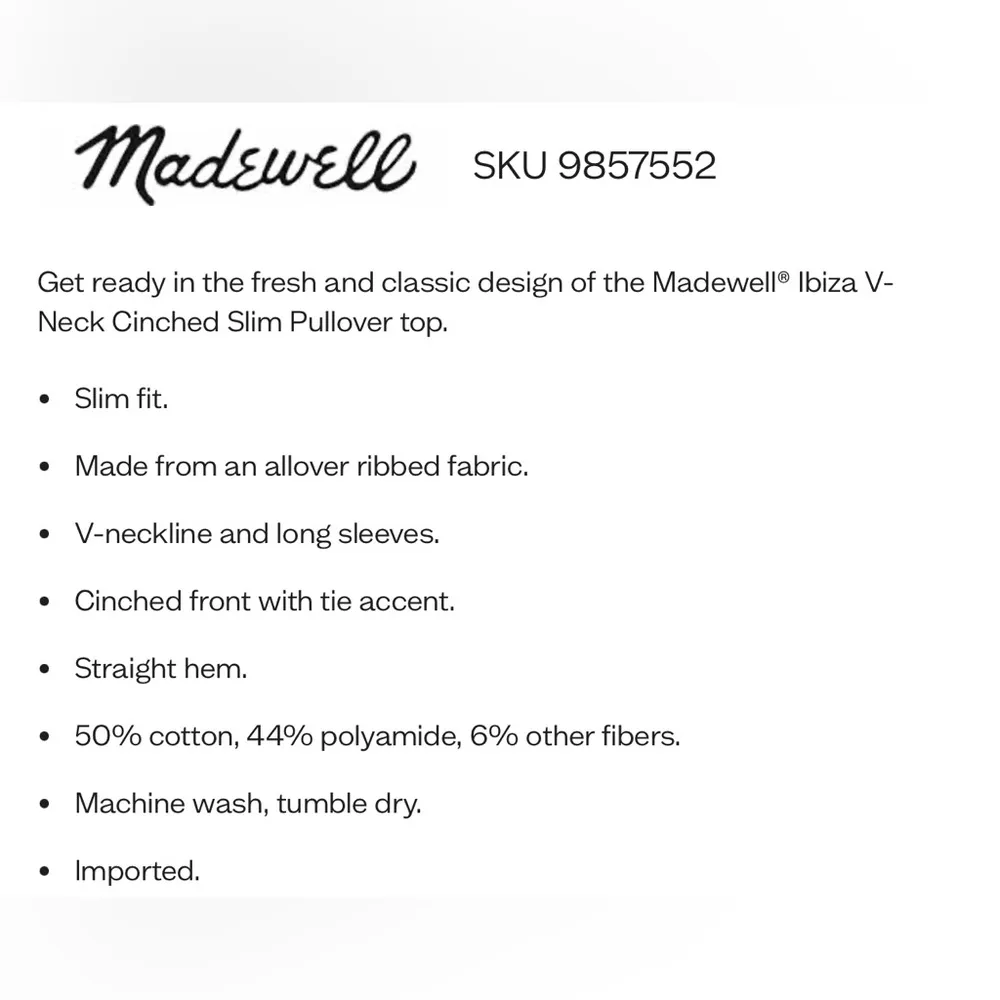 Madewell Women’s Ibiza V Neck Cinch Front Slim Long Sleeve Ribbed Pullover Sz XL - Image 13