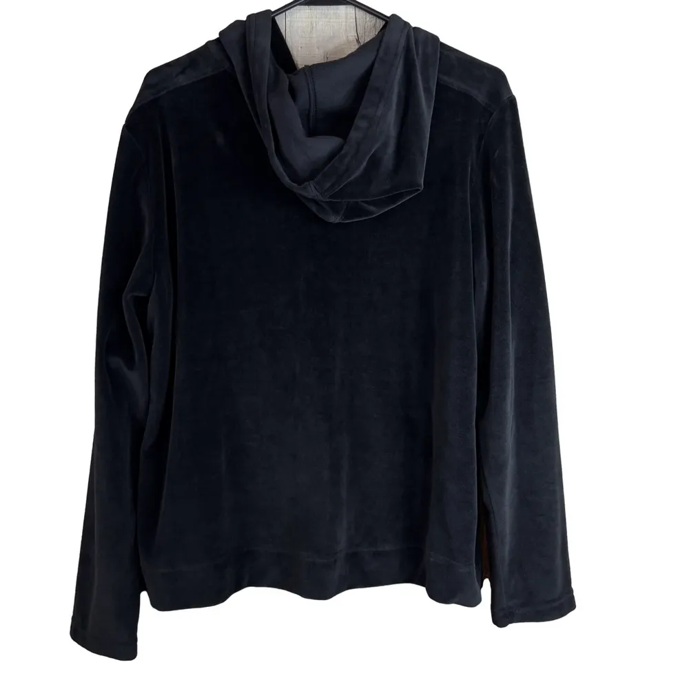 Chic Vintage Velour Long Sleeve Drawstring Hoodie with Zipper Front & Po… Black Size M - Image 2