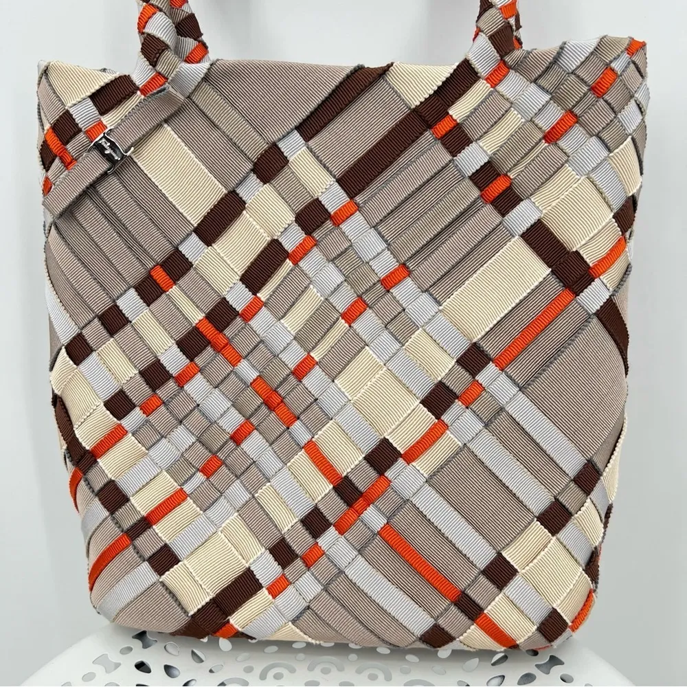 Salvatore Ferragamo woven plaid fabric leather grosgrain ribbon tote handbag - Image 3