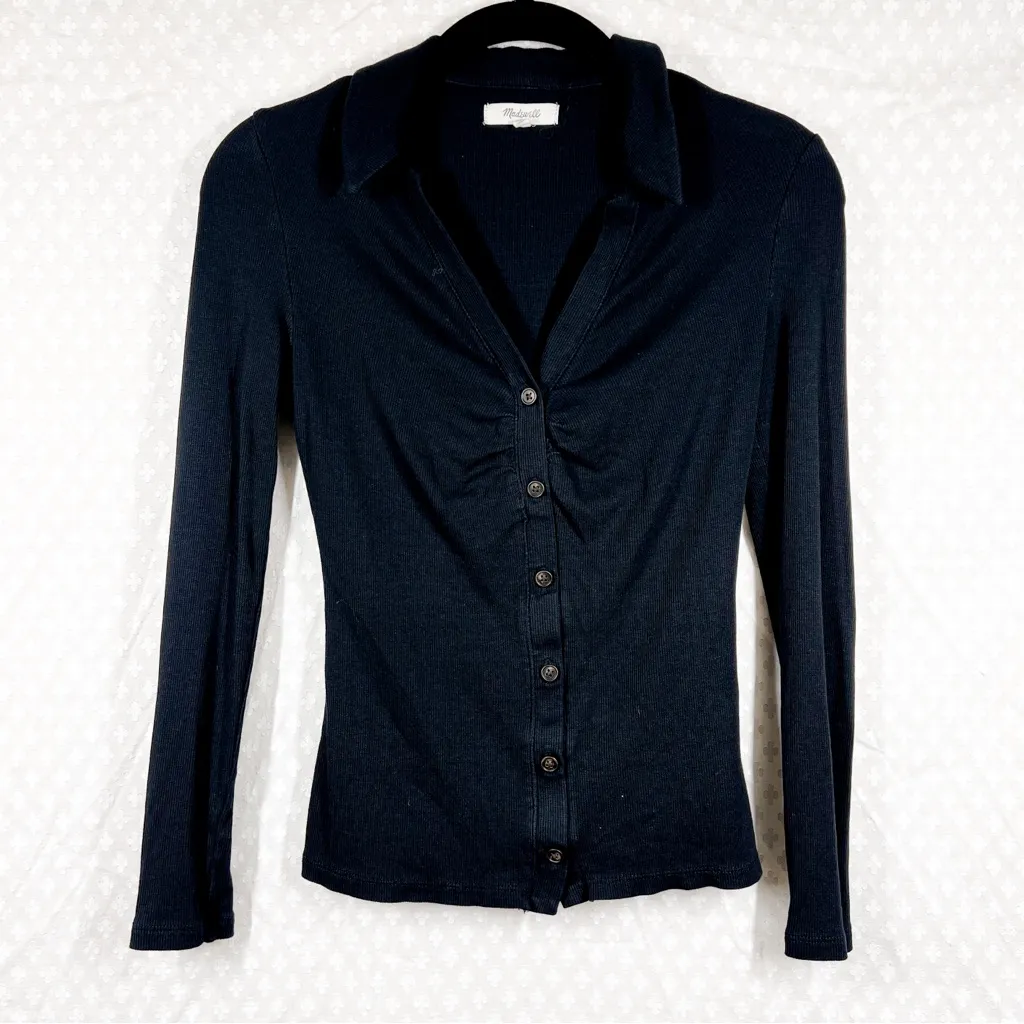 Madewell  Black Rib Ruched Polo Button Up Top‎ - Image 2