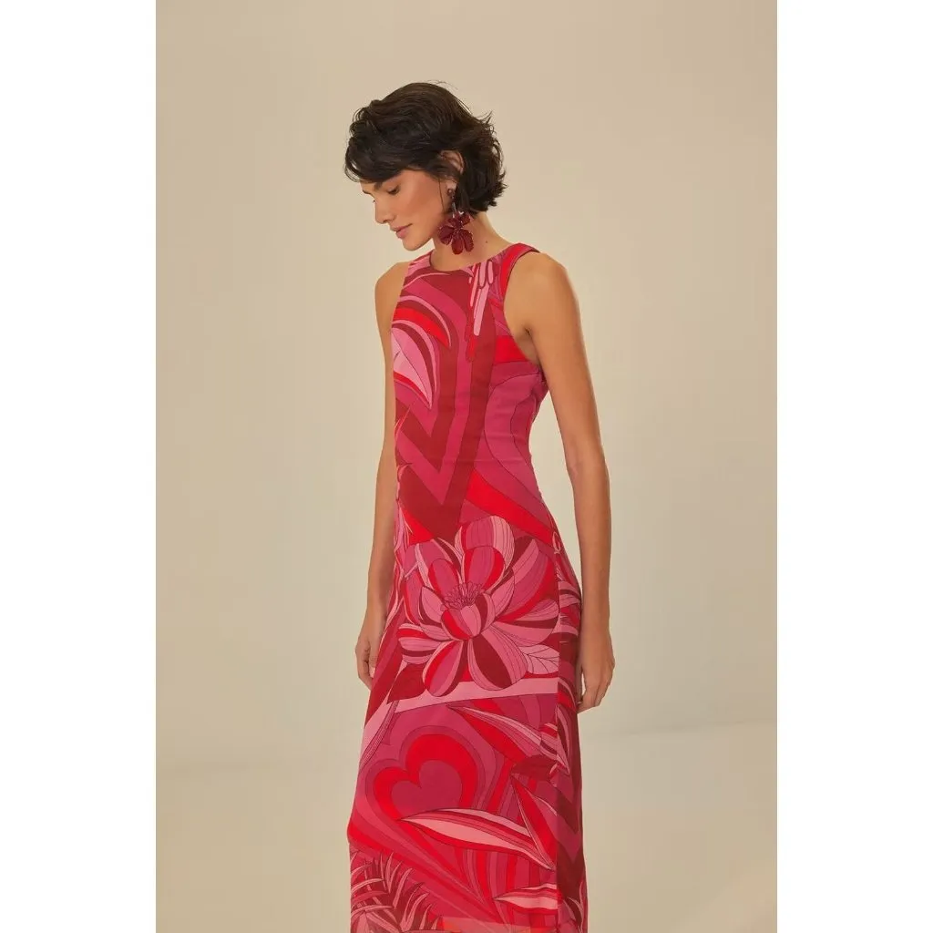 NWT Farm Rio Endless Summer Tulle Floral Flower Midi Dress Size L Pink Red - Image 2