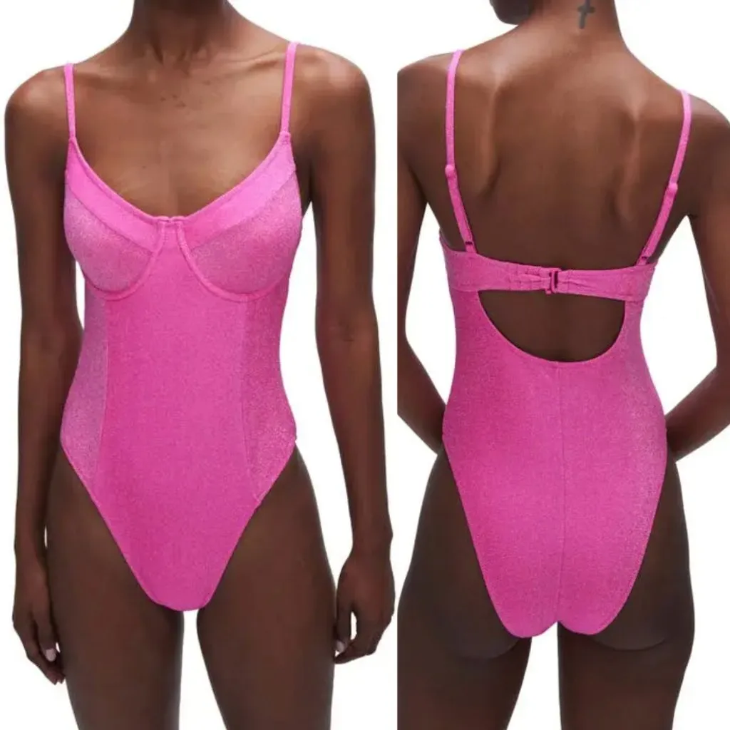 NEW NWOT GOOD AMERICAN 4 Sparkle Show Off Underwire One Piece Swimsuit Hot Pink - Image 2
