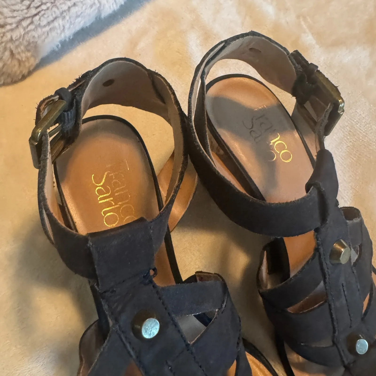 Franco Sarto black leather sandals cork heels sz 7 Paloma ankle strap shoes - Image 3