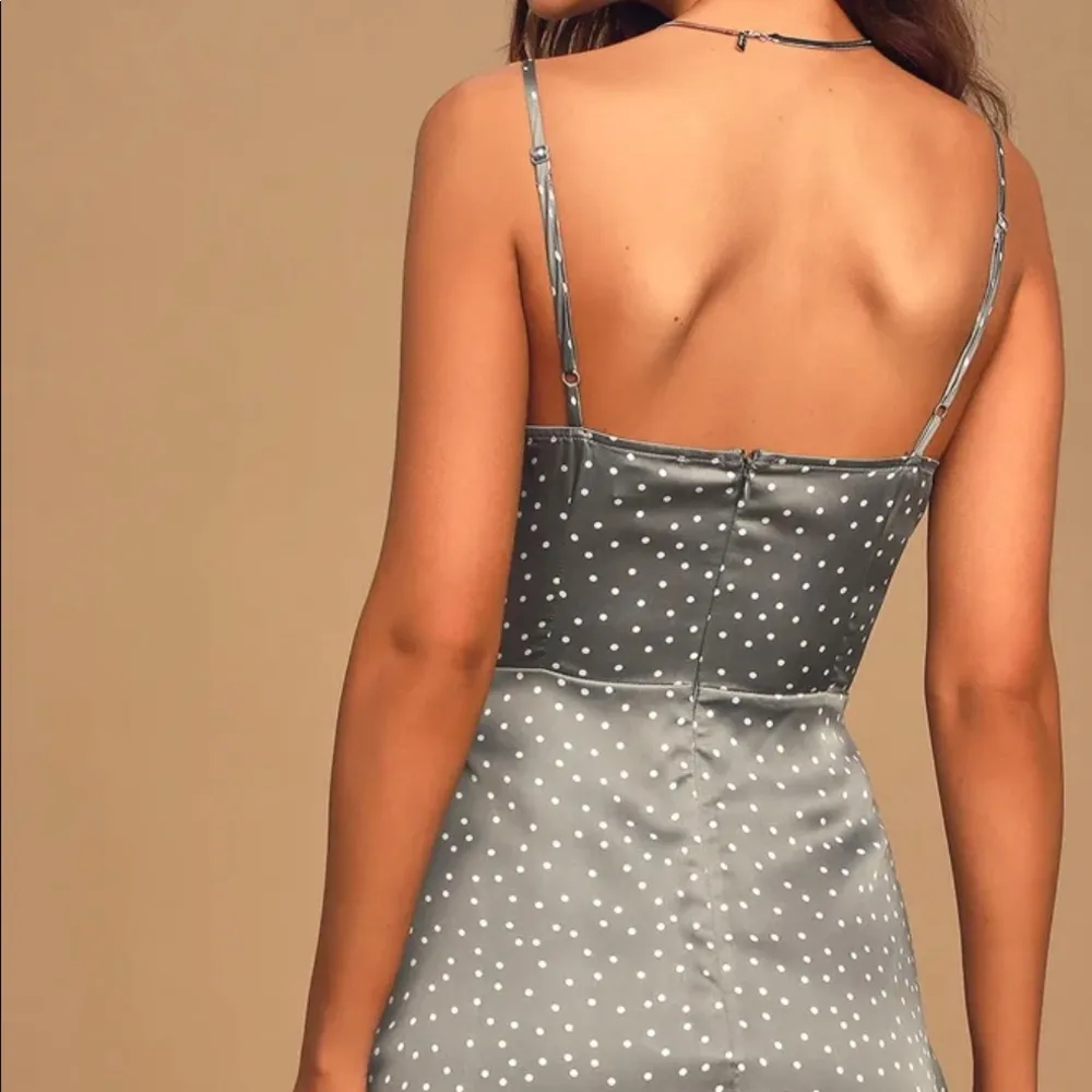 LULU’S SPOT IN MY HEART GREY POLKA DOT SILK COWL NECK MINK DRESS - Image 3