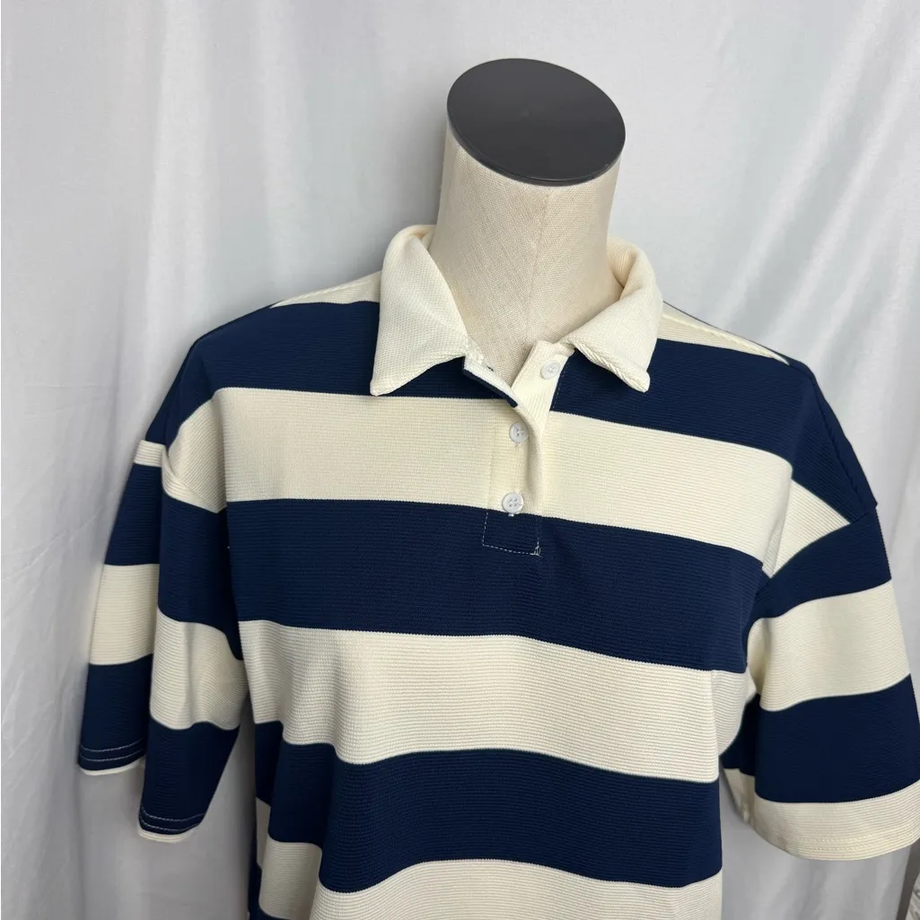 Striped Navy and Cream Top Loose Polo Short Sleeve T - Image 4