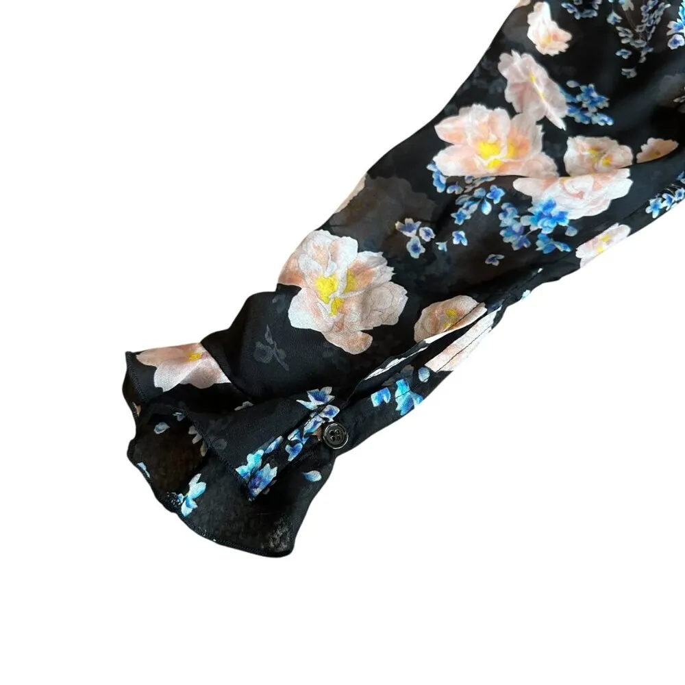 Sau Lee Sienna Black Floral Dress Long Sleeve Ruched 100% Silk Size 6 Women's - Image 12