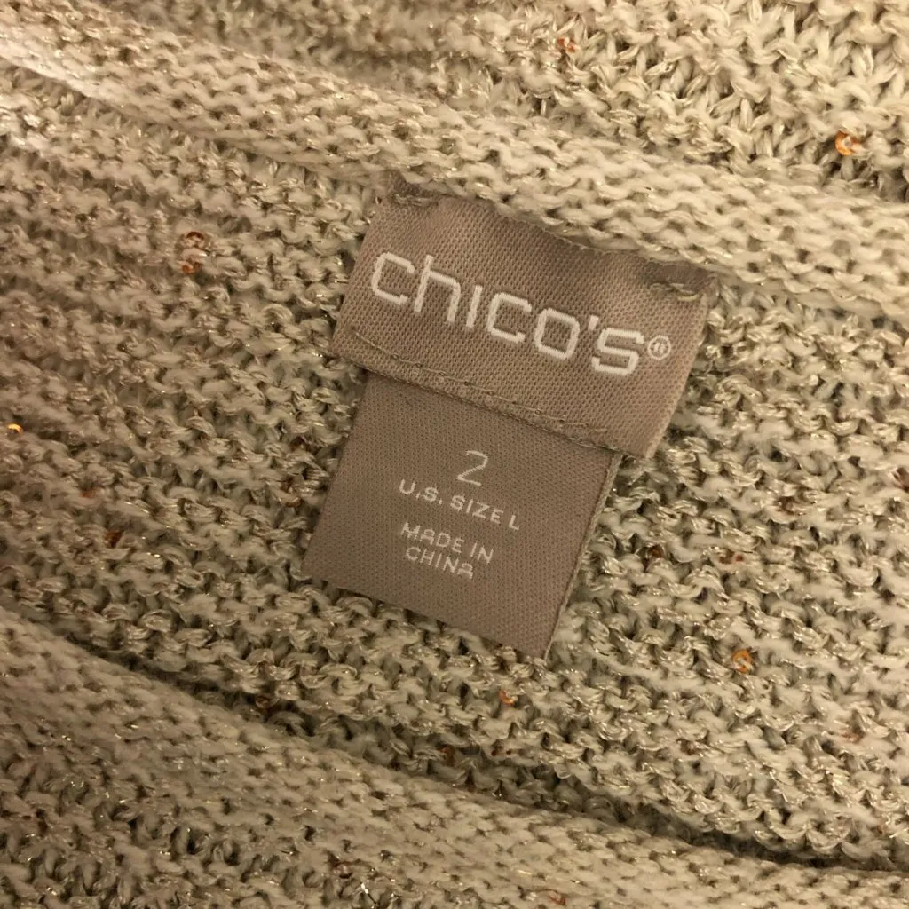 Chicos Womens Sweater Chunky Knit Metallic Pullover Beige Gold Size 2 US L - Image 3