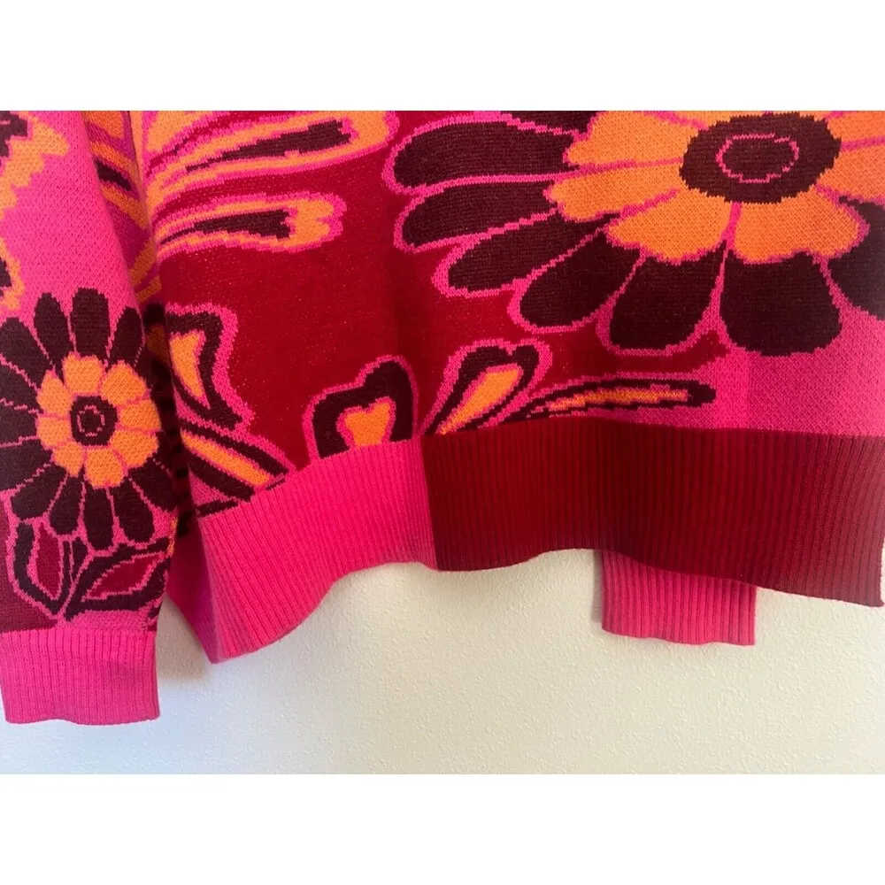 FARM RIO Cutout Asymmetrical Knit Bold Pink Floral Turtleneck Wool Blend Sweater - Image 9