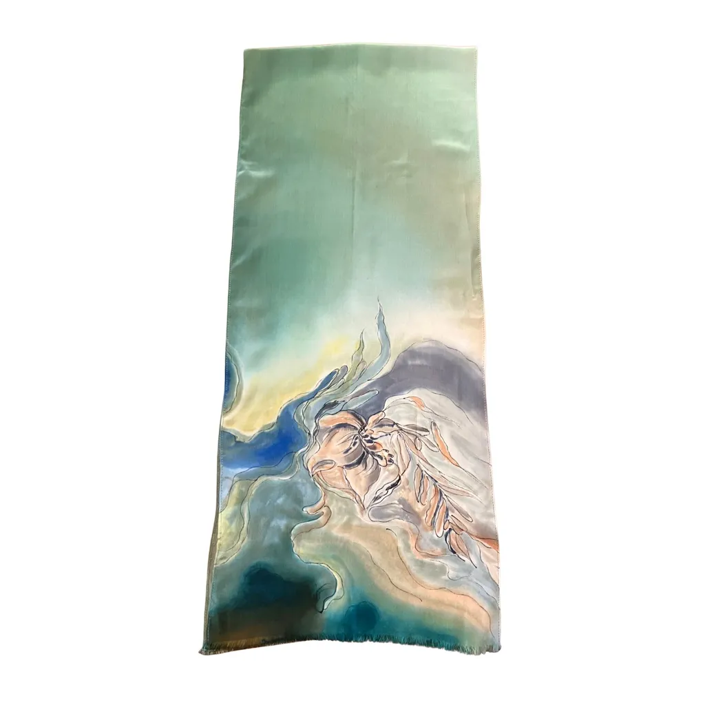 Vintage 100% Silk Green Blue Abstract Watercolor Long Scarf Painterly Boho - Image 5