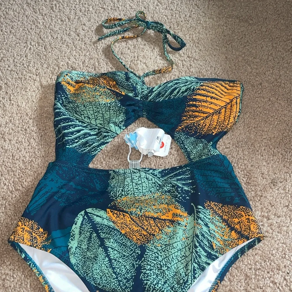Cupshe One Piece Swimsuit - Blue and Orange Leaf Print size medium swim wear NWT - Image 2