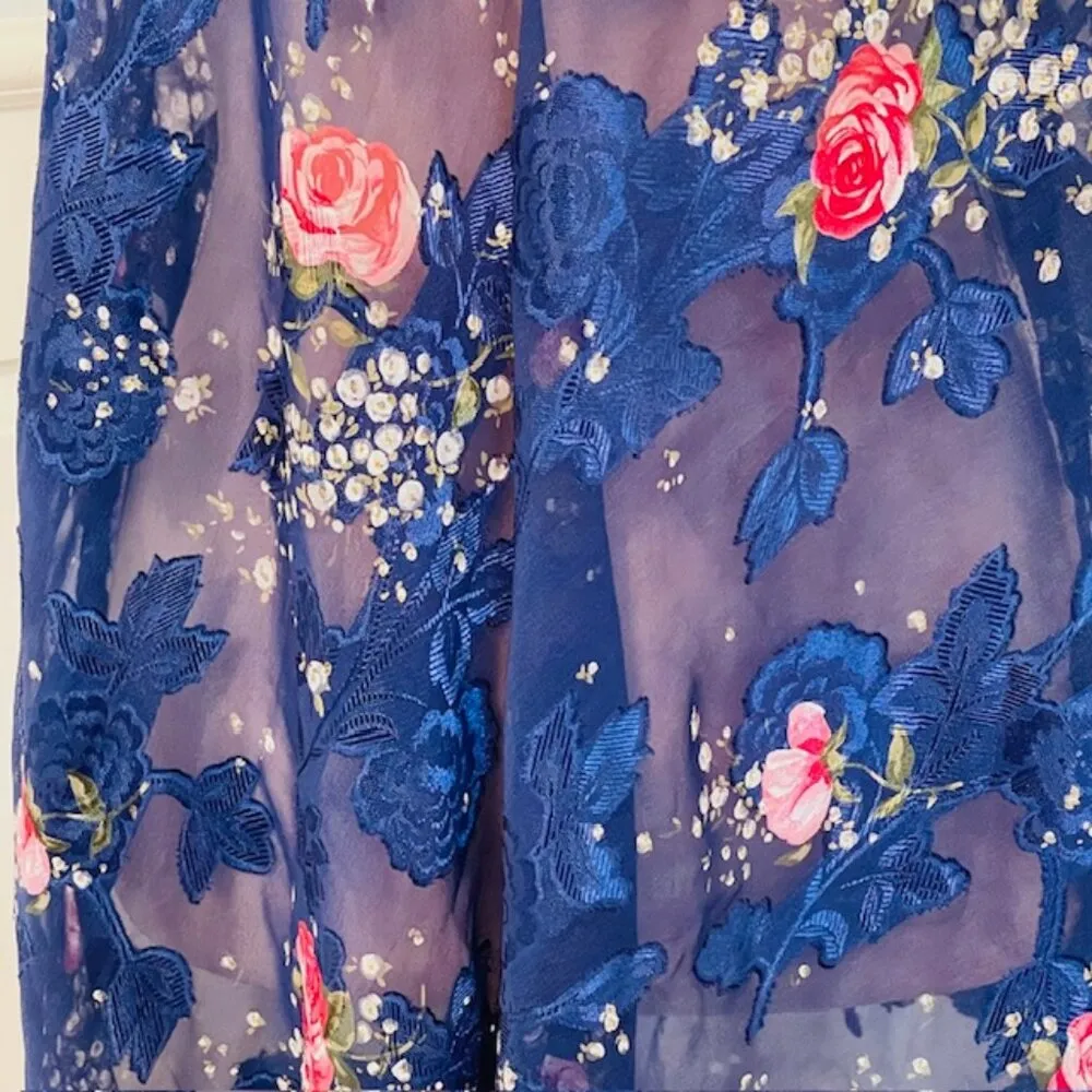 Vintage 90's Floral Slip Dress Lace Trim Rose Accent Babydoll & Robe Set L/XL Blue Size L - Image 3