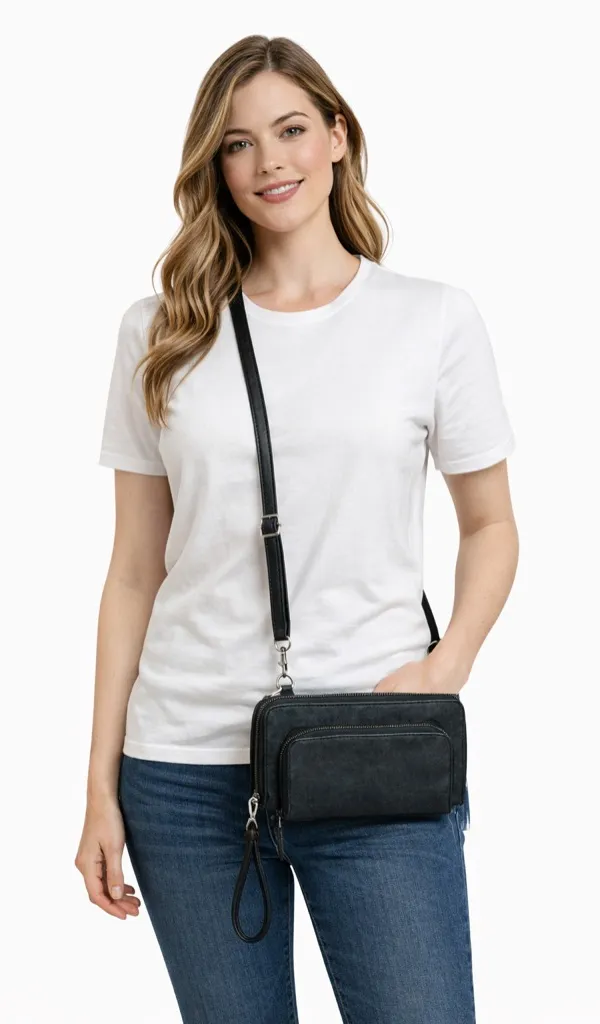 Joy Susan Black Vegan Leather Crossbody Purse with Wristlet Strap - Image 1