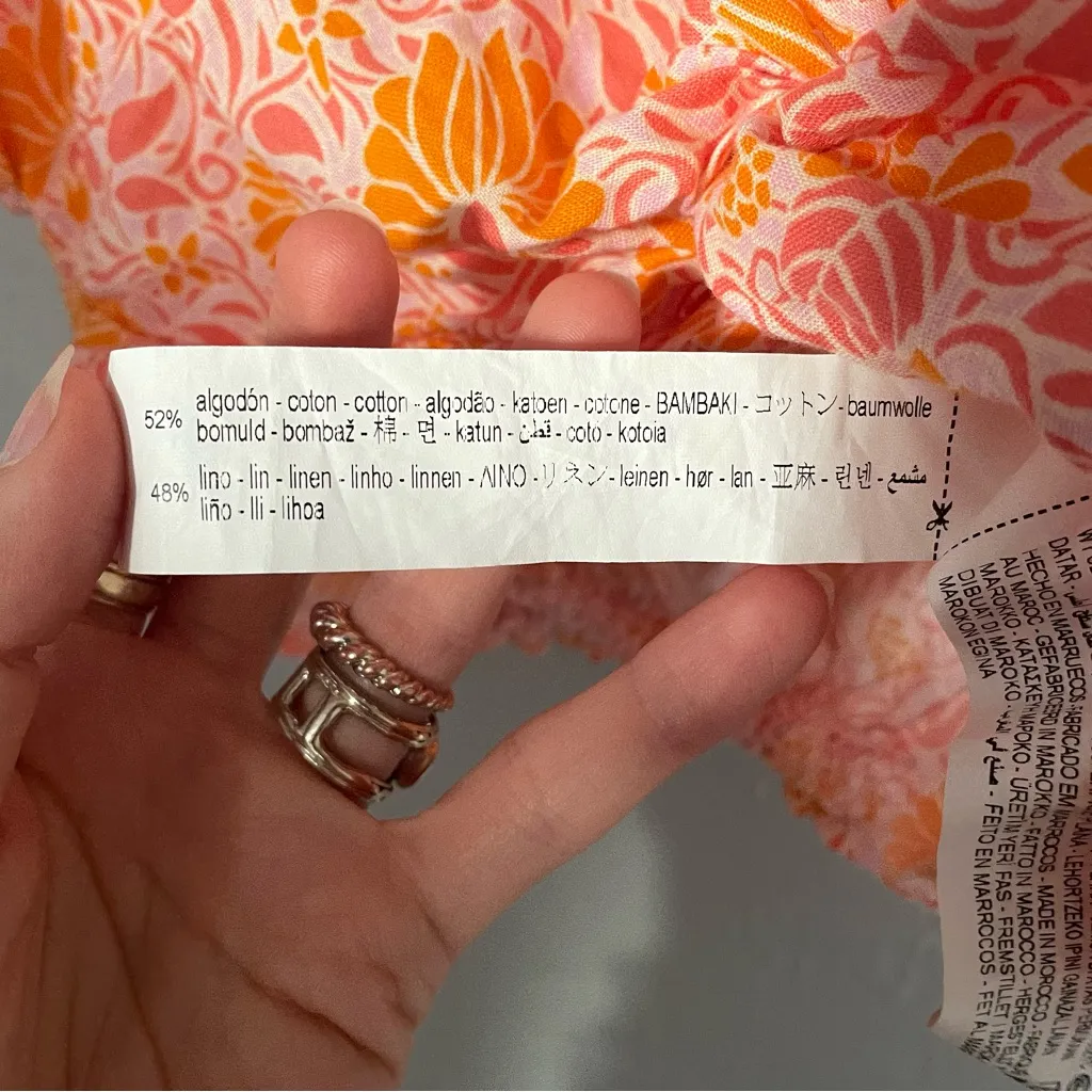 Zara Pink Orange White V neck Twist Linen and Cotton Resort Floral Crop Top - Image 8