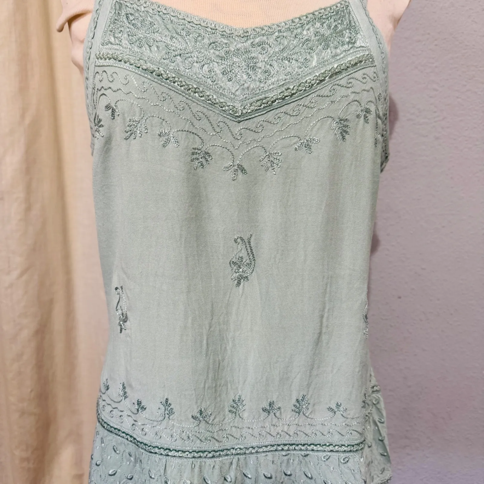 Braja Women Bohemian Embroidered Peasant Tunic Top Seafoam Green Size 2 Self Tie - Image 2