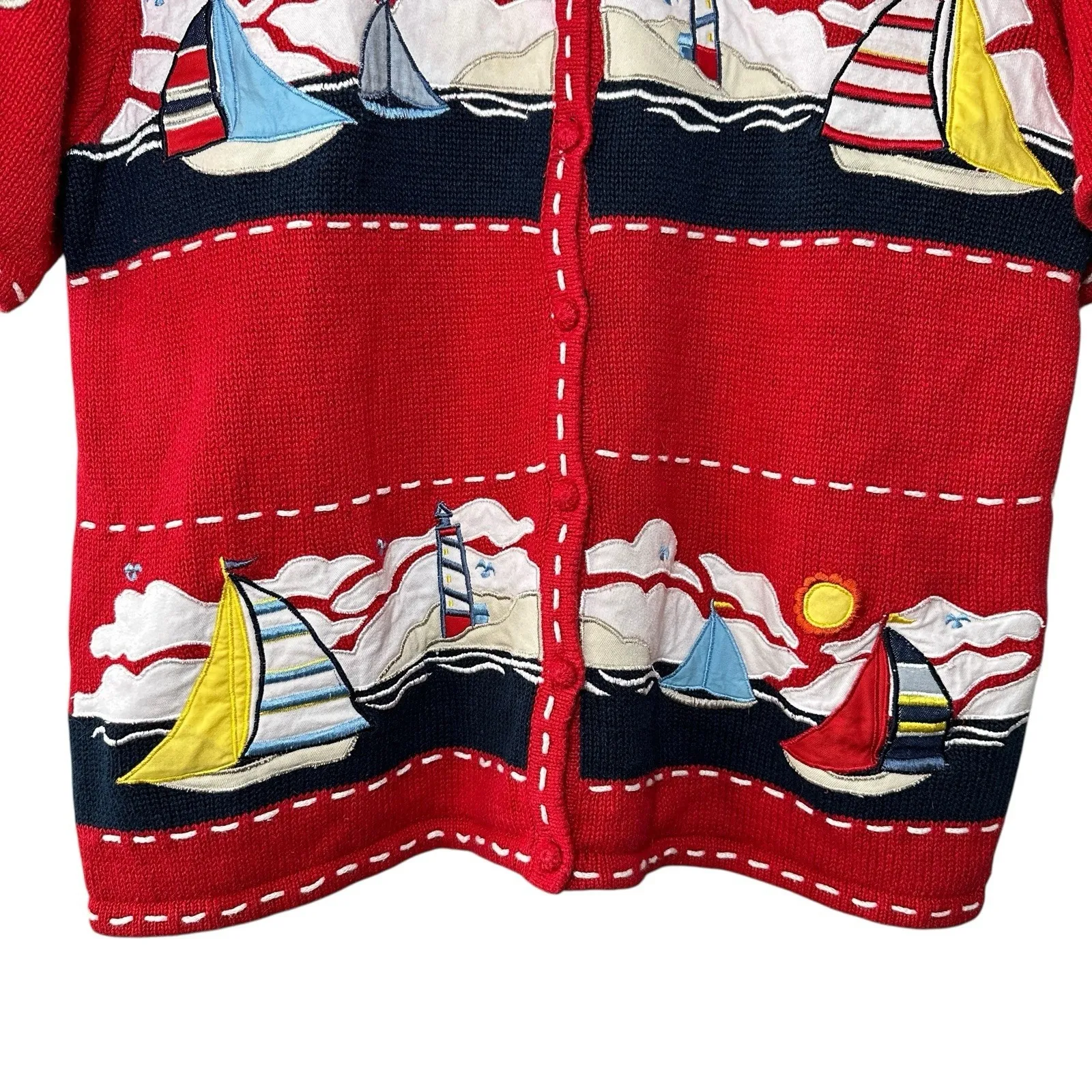 Vintage Nautical‎ Sailboat Sweater L Red Ramie Cotton Coastal Grandma Cardigan Size L - Image 5