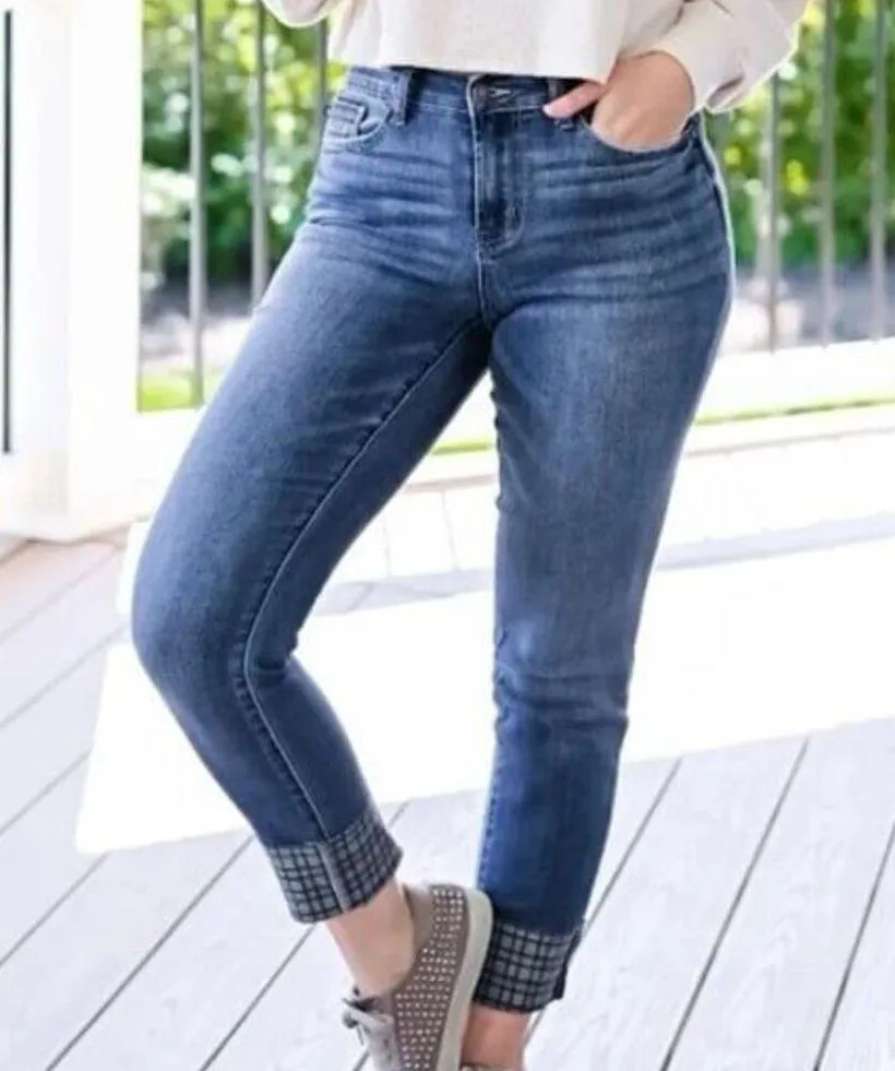 NEW Judy Blue Plaid Print Cuff Slim Fit Jeans - Image 4