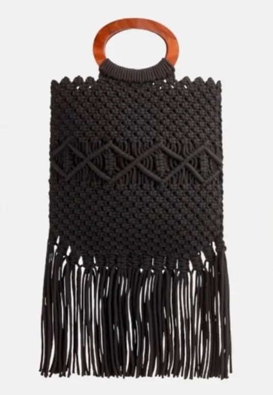 EUC Danielle Nicole Black Crochet Macrame Boho Bag with Fringe & Wooden Handle - Image 1