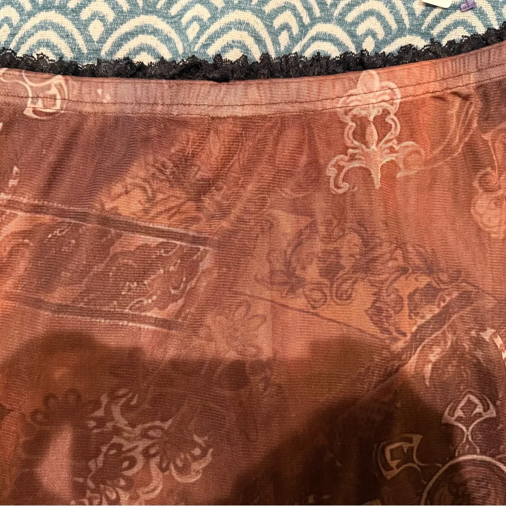 Brown Boho Maxi Skirt with Lace Waistband – Sheer Overlay – Floral Paisley - Image 4
