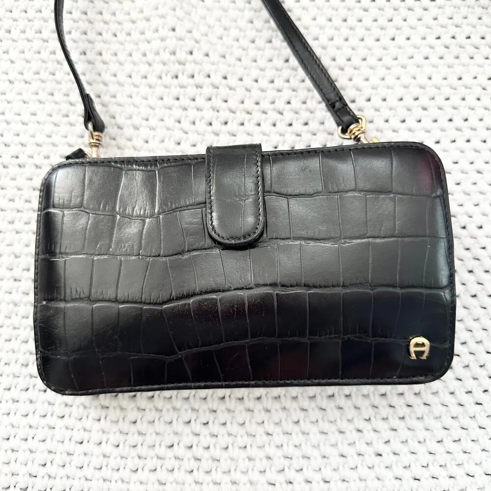 Etienne Aigner Black Croc Embossed Crossbody Convertible Multi Pocket Wallet - Image 3