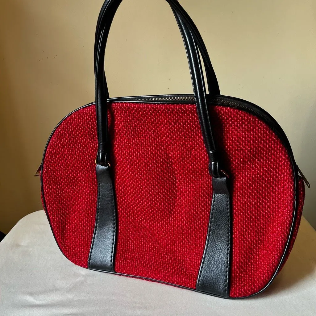 Vintage 70s Red Tweed Structured Mod Handbag Black Vinyl Trim Brass‎ Zipper - Image 2