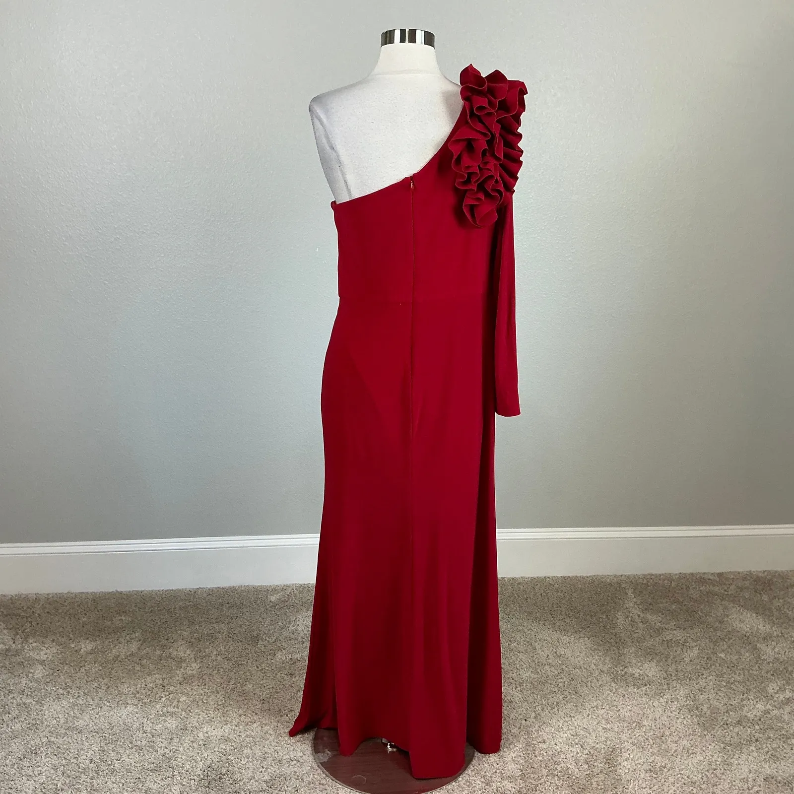 XSCAPE One Shoulder Long Sleeve Evening Gown Colorful Red Size 12P Formal Dress - Image 6
