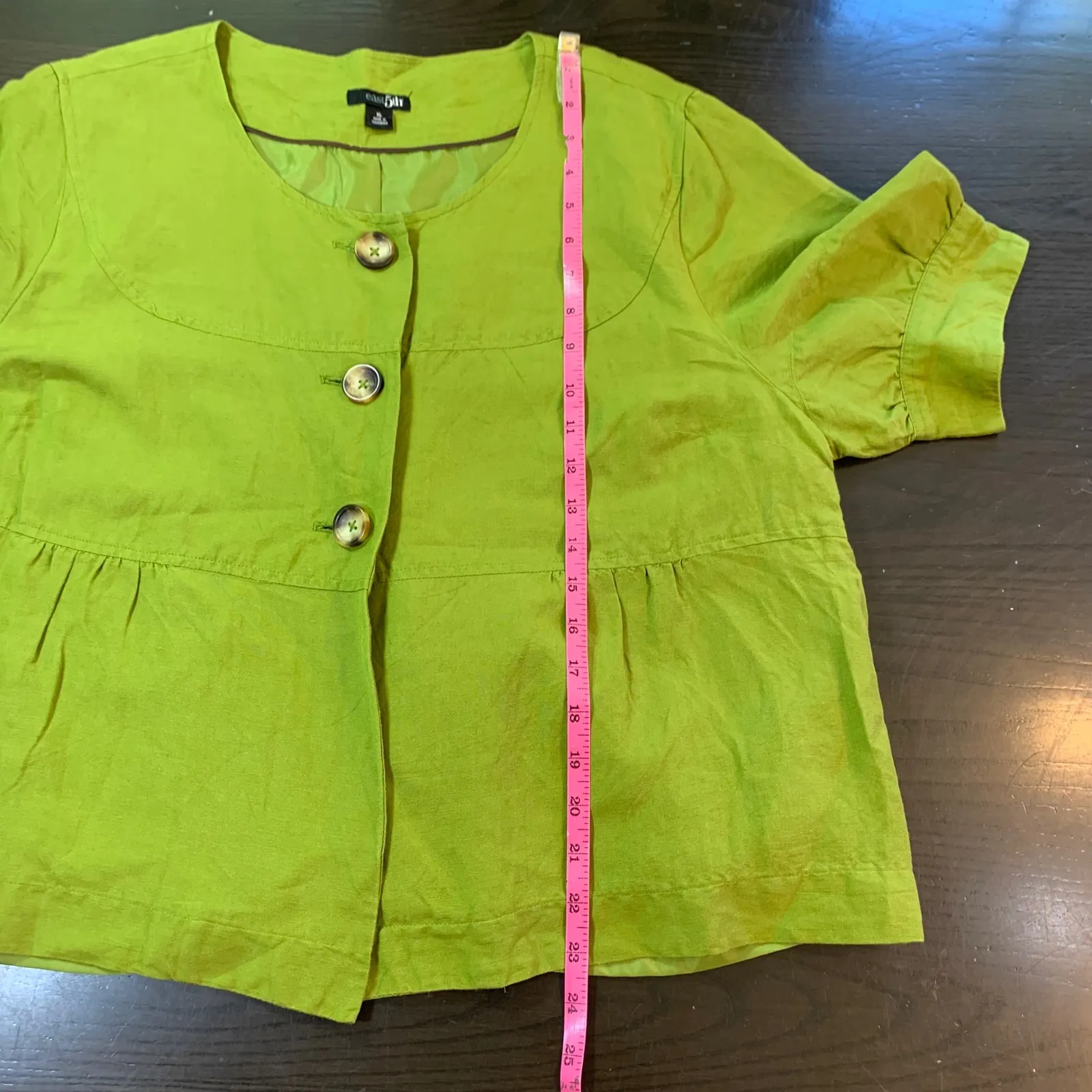 East 5th Green Linen Blend Peplum Blouse XL Button Front Short Sleeve‎ Cottage - Image 8