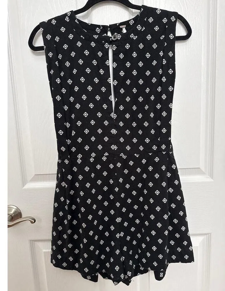 Free People Romper Ashley Black White Diamond Boxy Linen Blend XS - Image 10
