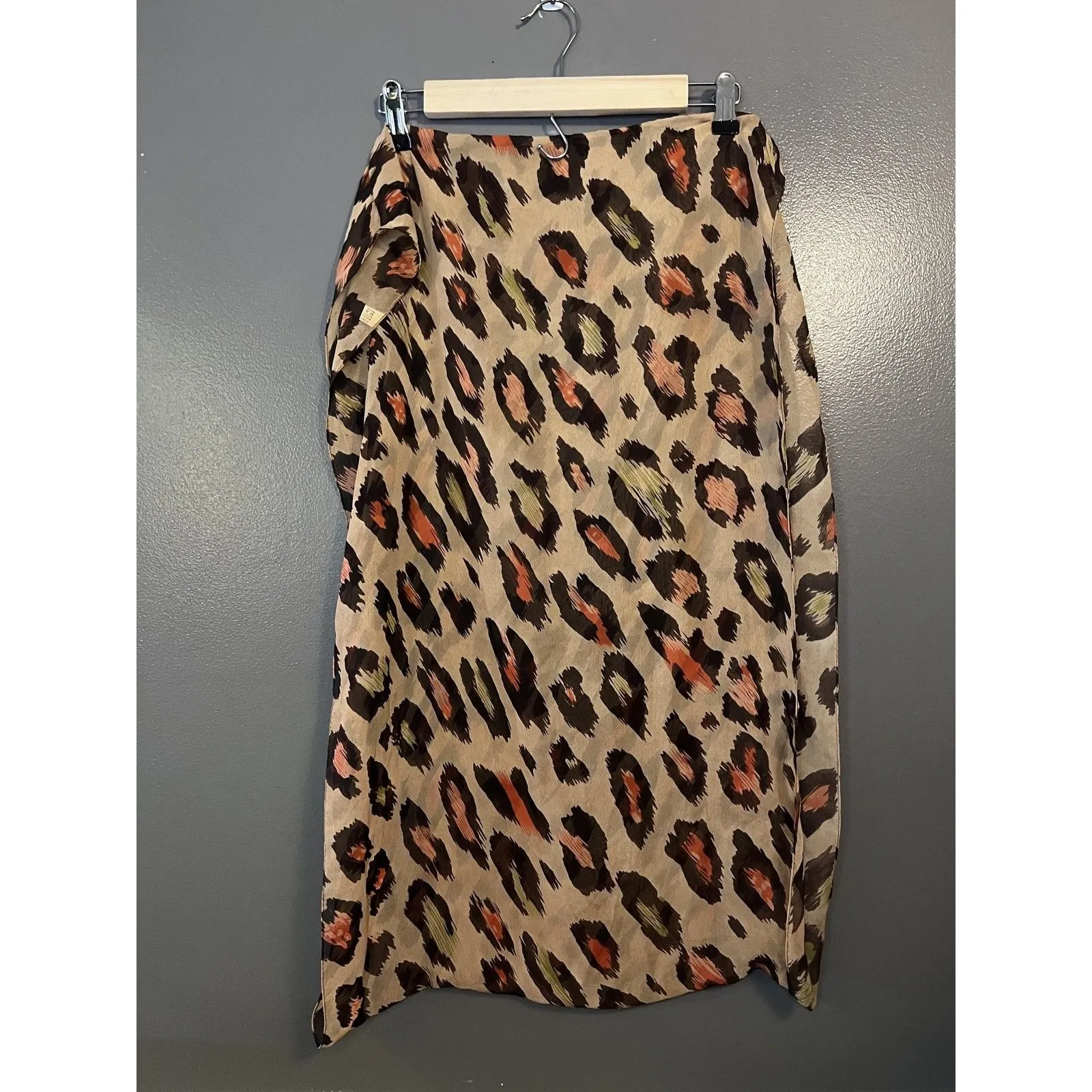 Leopard Print Scarf Womens One Size Beige Brown Orange Silk Blend Sheer - Image 3