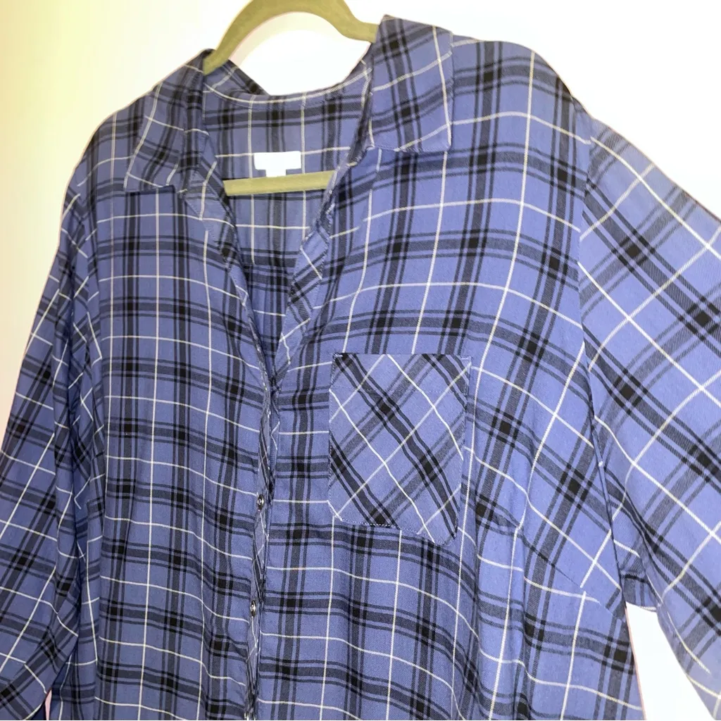 J Jill Mixed Tartan Plaid Tunic Top Women Size 2X Cotton Button Up Casual Preppy Blue - Image 2