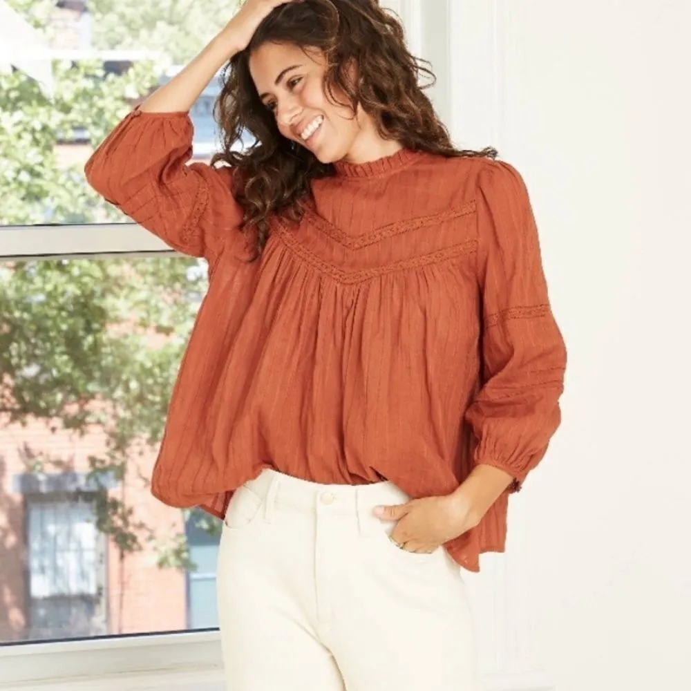 Universal Thread Burnt Orange Yoke Peasant Blouse - Image 7