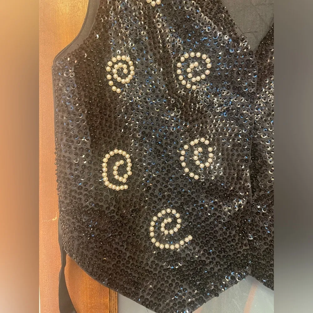 Creazioni Effeci Black Sequined And Pearl Beaded Front Sleeveless Vest Large - Image 3
