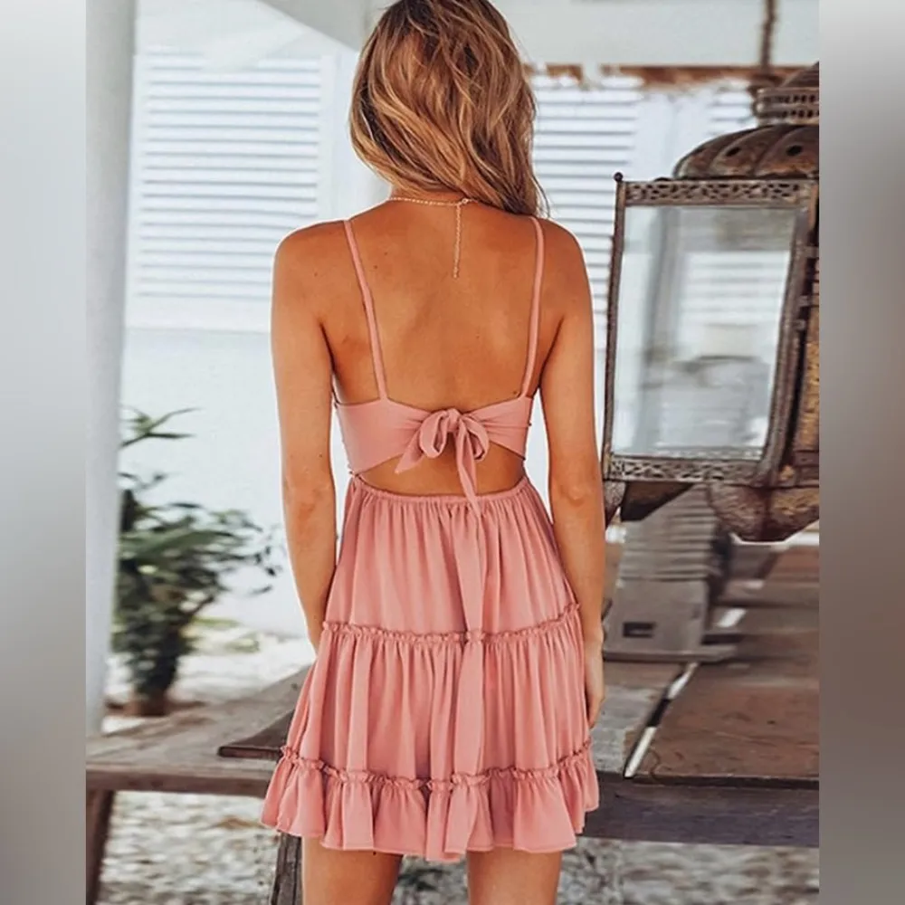 ECOWISH V-Neck
Spaghetti Strap Bowknot Backless  Lace Mini
Swing Skater Dress L - Image 3