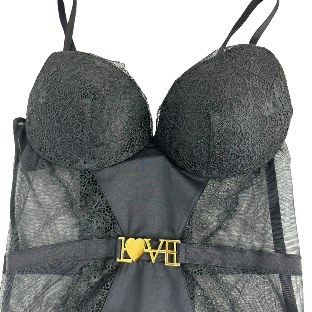 Victoria's Secret Lingerie Teddy one-piece Bodysuit Black Lace Gold Medium Sheer - Image 5