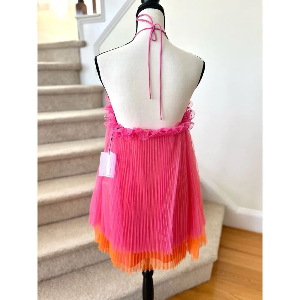 NWT Amur Tate Hot Pink & Orange Pleated Tulle Halter Mini Dress - Image 4