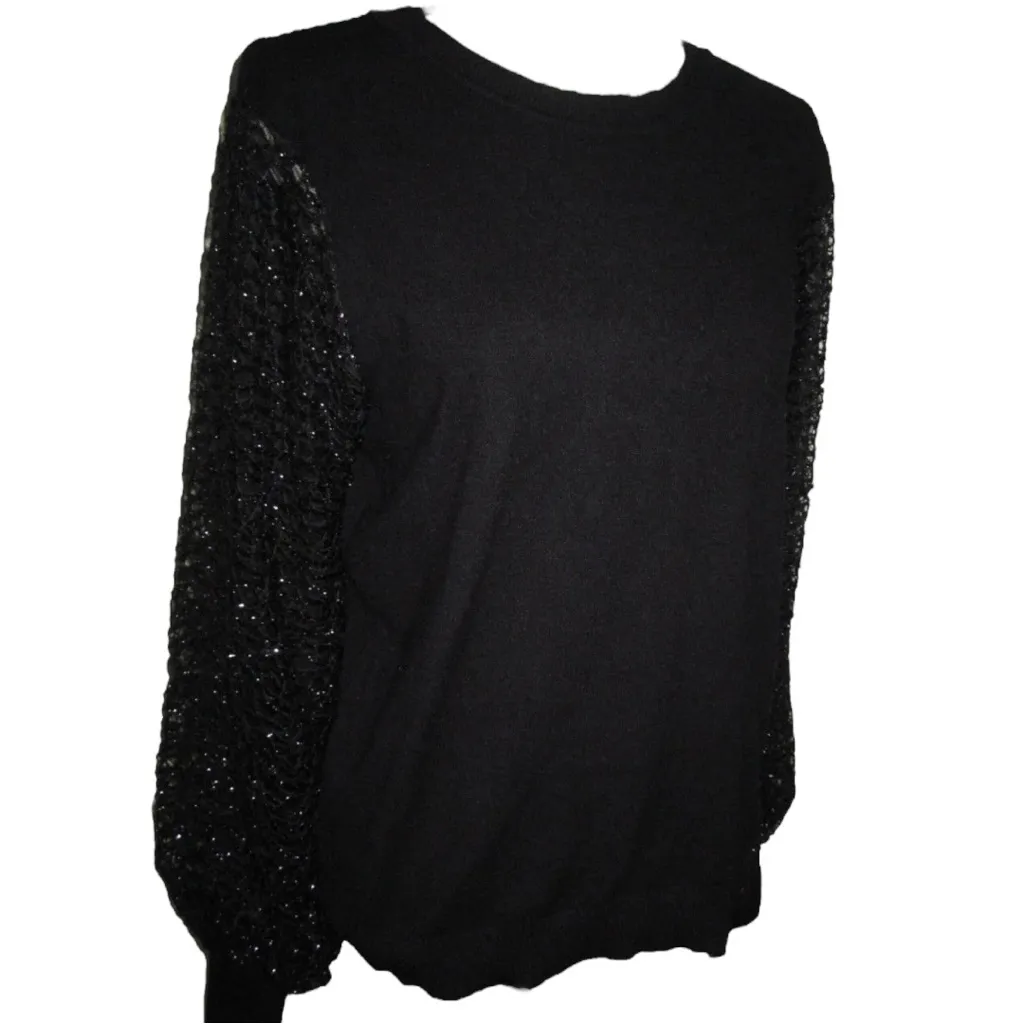 SIONI Semi Sheer Sparkle Sleeve Sweater Black Size XL - Image 3