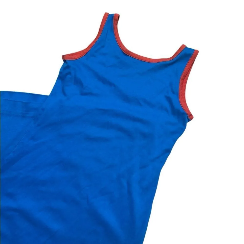 70s Vintage Fritzi of California Blue Cotton Midi Dress Sleeveless Red Trim Med - Image 3