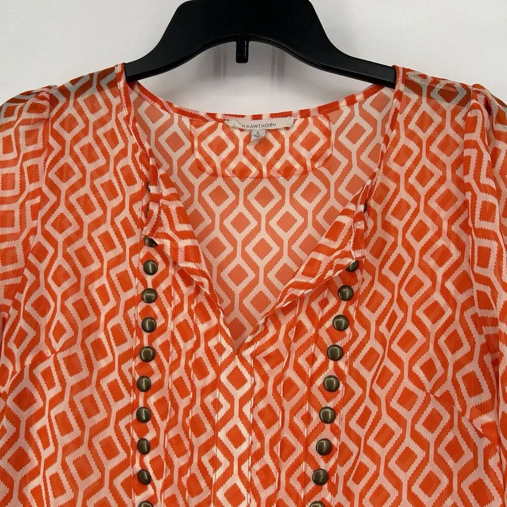 41 Hawthorn Stitch Fix Top Blouse Orange Geometric Studded Tulip Sleeves Size S - Image 2