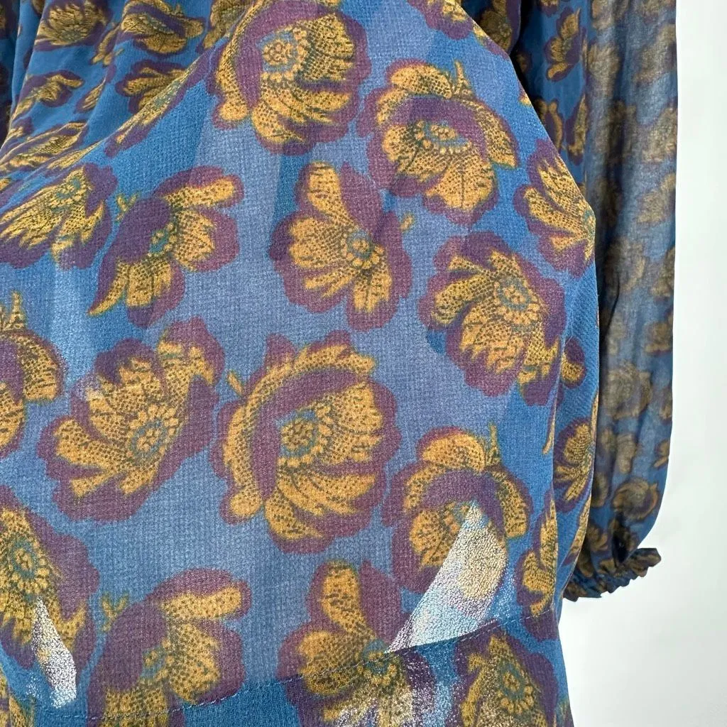 LOFT XS Floral Smocked Blouse Blue Mustard Purple Yoke Keyhole EUC‎ Flowy Fall - Image 3