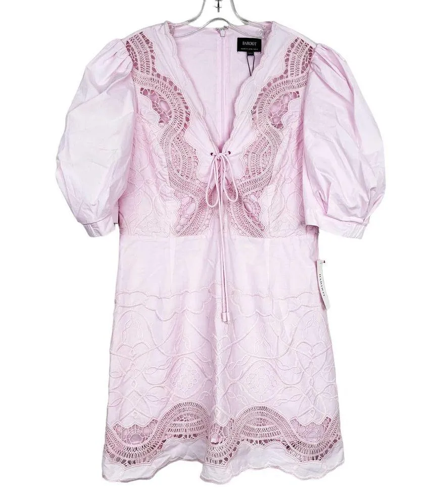 Bardot Light Pink Puff Sleeve Embroidered Eyelet Dress Sz L - Image 6