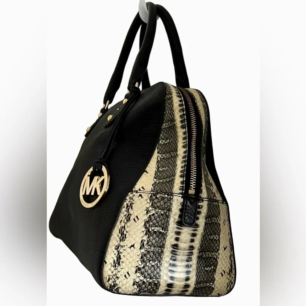 MICHAEL Michael Kors Black Pebbled Leather & Faux Python Bowler Satchel - Image 3