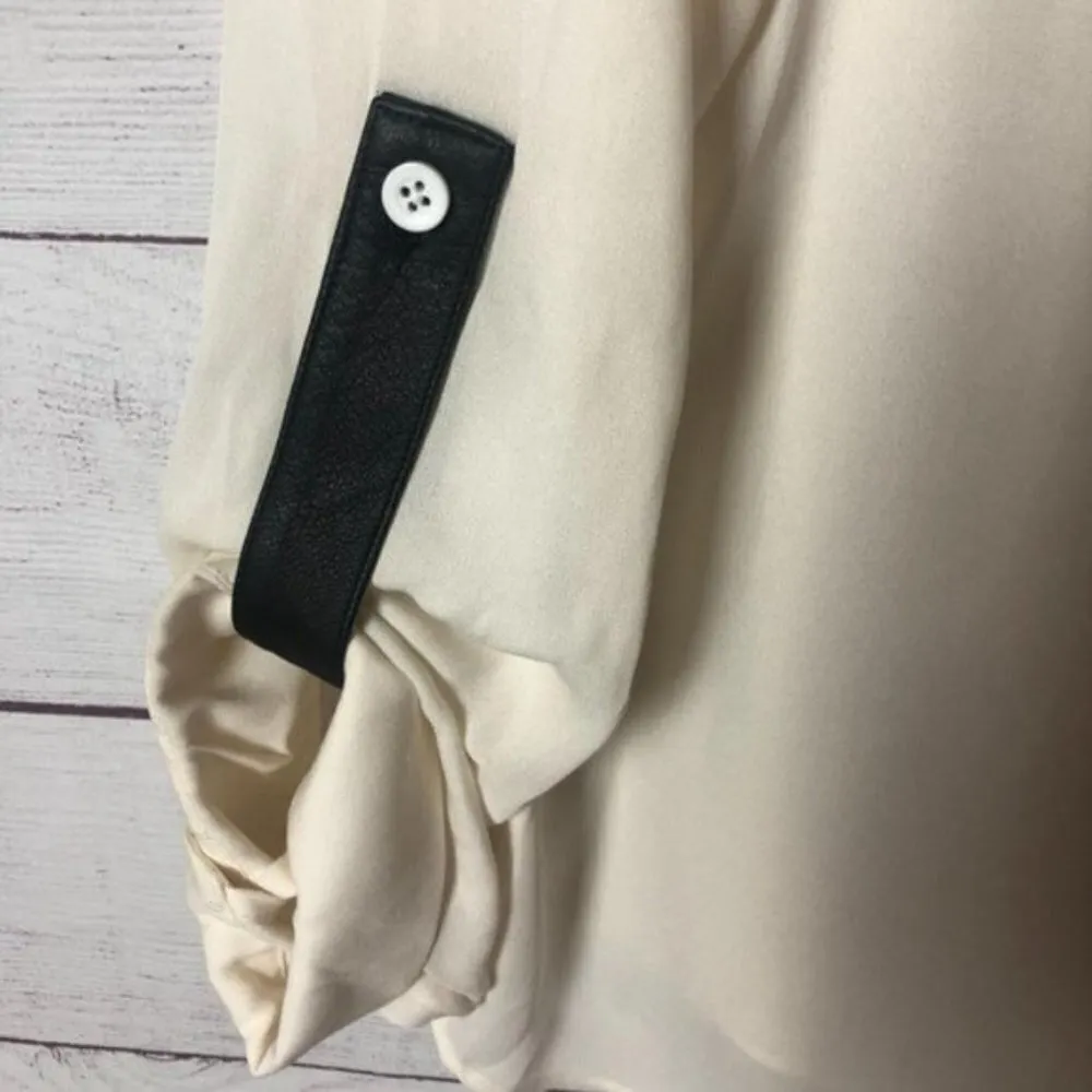 Alice + Olivia Ivory White Sheer Roll Sleeve Faux Leather Trim Long Sleeve S - Image 3