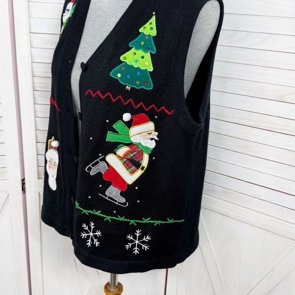 Bechamel Vintage Santa Ugly Christmas Sweater Vest V Neck Button Black Medium - Image 4