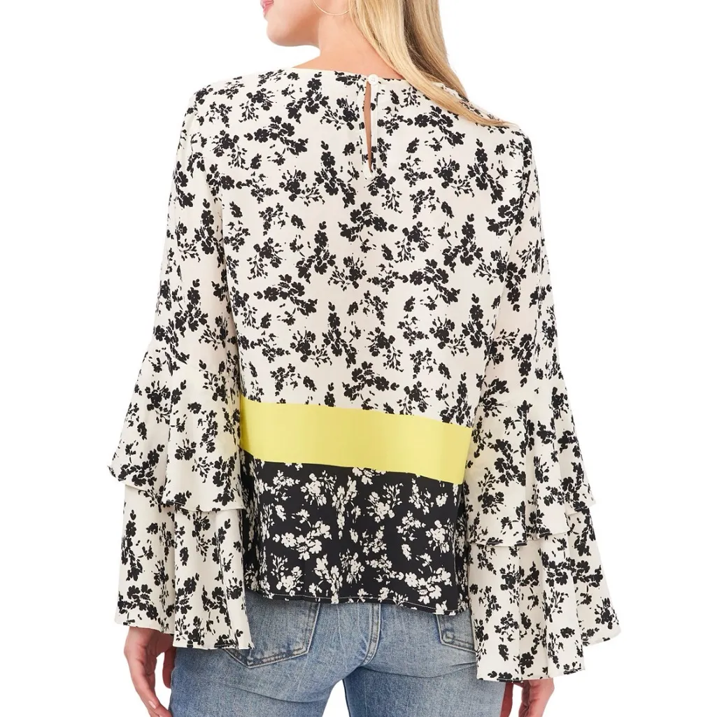 Vince Camuto Women's Printed Tiered-Bell-Sleeve Top White Birch Size Lar… - Image 2