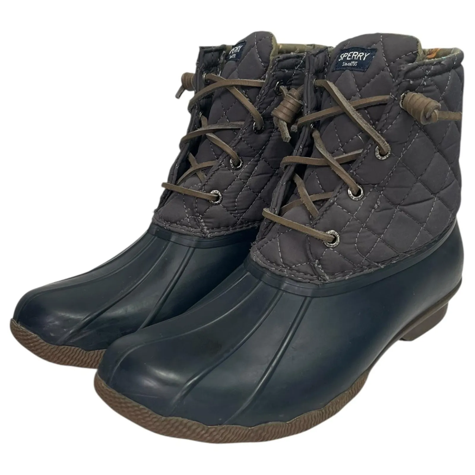 Sperry Saltwater Duck Boots Womens 9 Gray Navy Quilted Rubber Outdoor STS9327F - Image 3