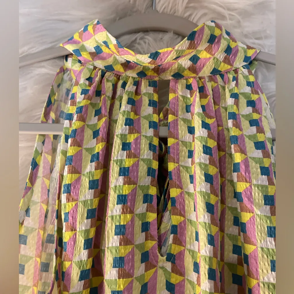 Tanya Taylor Women’s High Neck Tie Keyhole Geometric Pattern Silk Sleeveless Top - Image 7