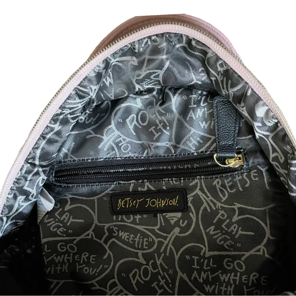 Betsey Johnson Mini Backpack Baby Pink and Black Hearts - Image 6