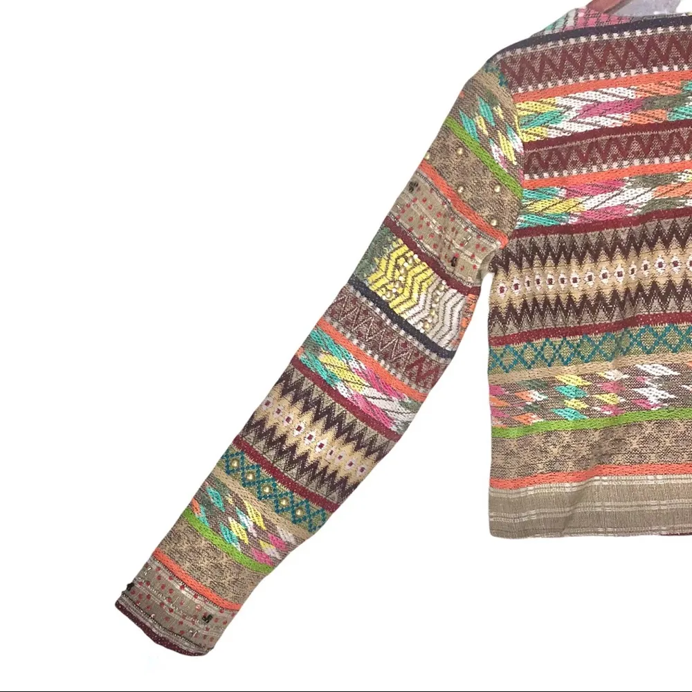 Glamorous Multi Geo-Tribal Stripe Trophy Embelished Open Front Cropped Jacket - Image 8